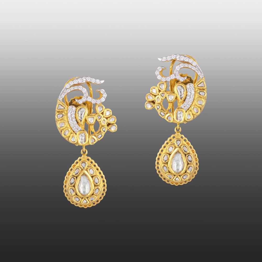 Peacock Polki Earrings with Diamond Accents and Teardrop Pendant